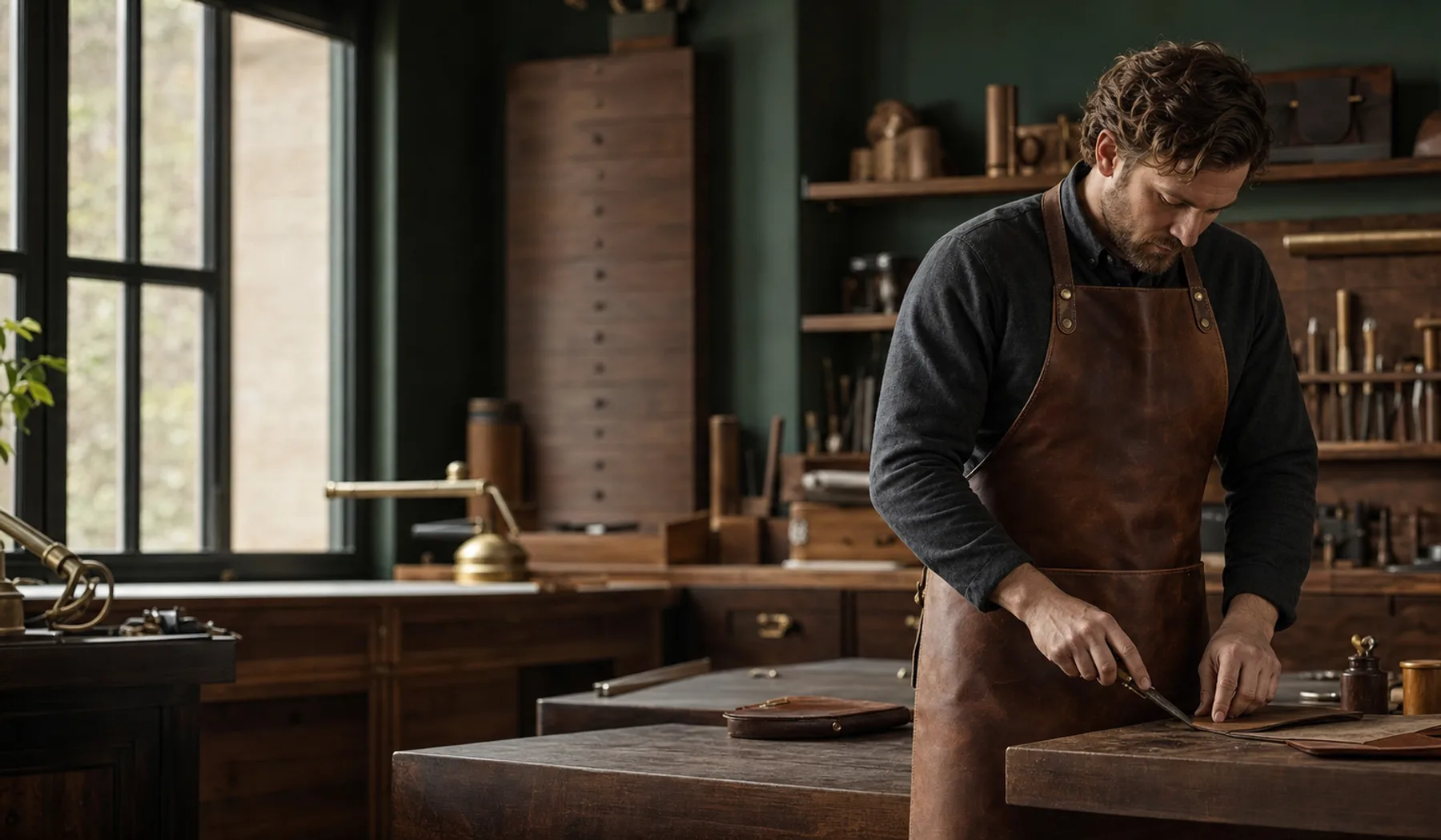 Craftsperson wearing a handmade leather apron in a warm British workshop